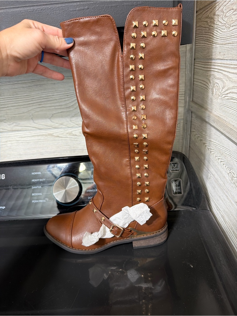 Women's Brown Studded Knee-High Riding Boots with Buckle